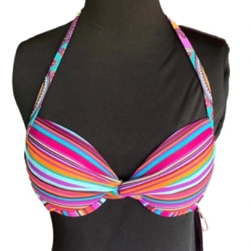 Xhilaration Bikini Swim Top, Size Small, Halter Multi-Colored Striped‎ NEW
